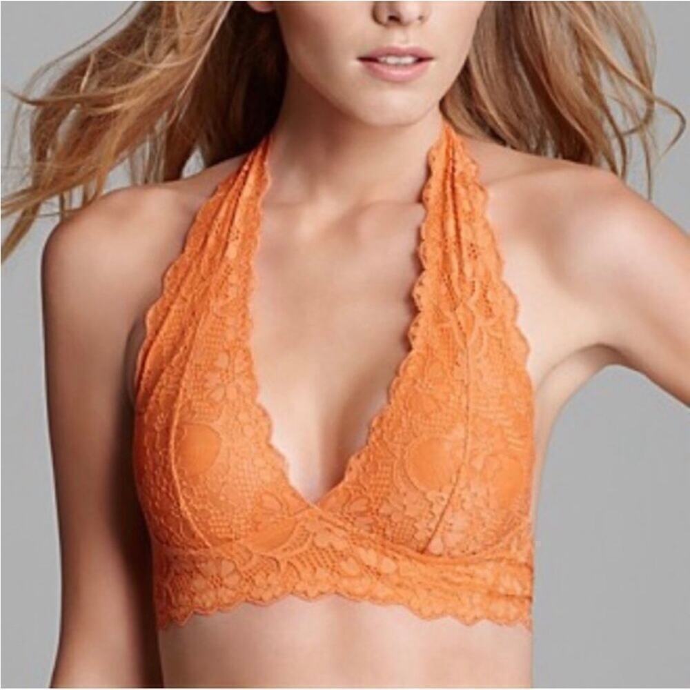 Free People Women Size XS Orange Galloon Lace Halter Neck Bralette